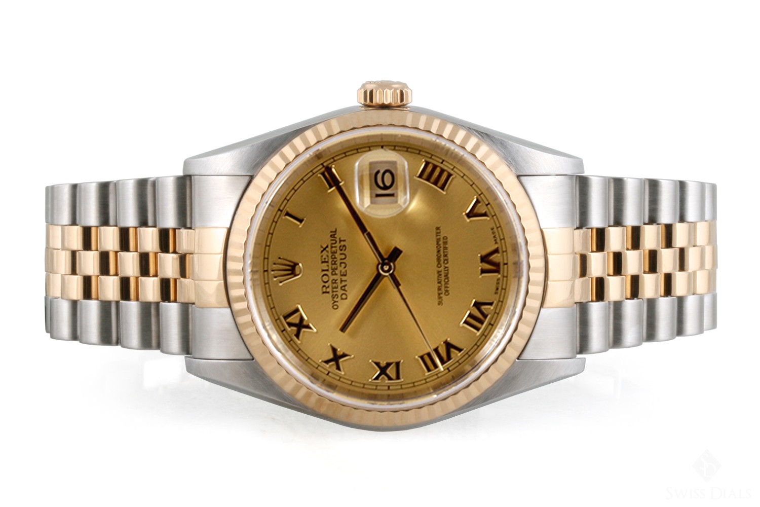 Mens Rolex Datejust Steel and Gold Champagne Roman Numeral Dial Fluted ...