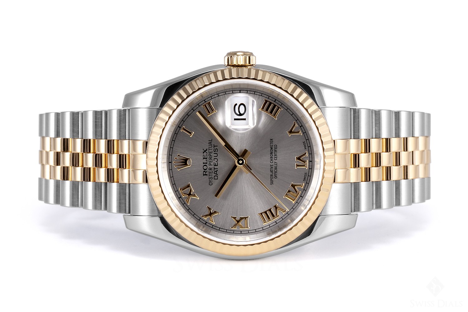Mens Rolex Datejust Steel and Gold Slate Roman Numeral Dial Fluted ...